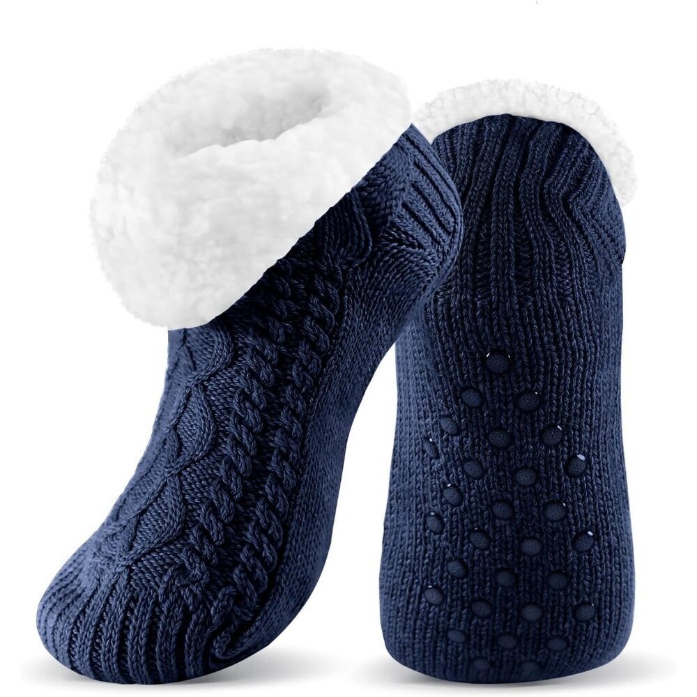 Men's Slipper Blue Socks with Grippers Fuzzy Thermal Winter Non-Slip Cozy Fleece